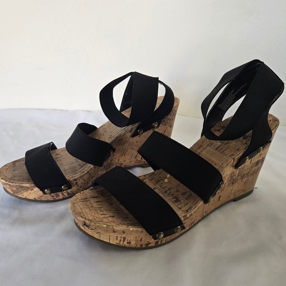 Esprit Black Elastic Cork Wedge Sandals | Size 8 | Comfortable Chic